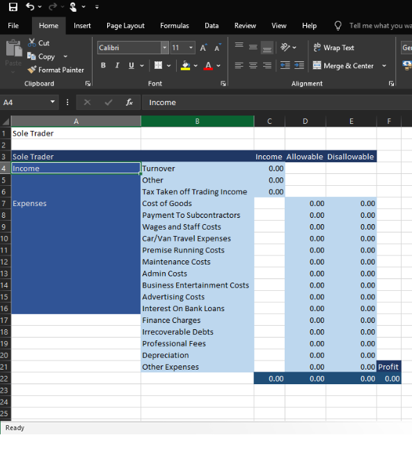 Excel spreadsheet for a sole trader with income and expense categories, allowable and disallowable columns and a profit total