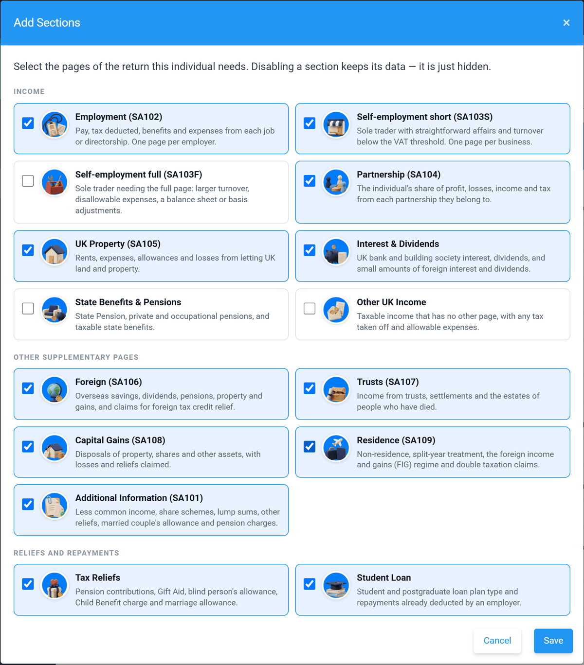 Add Sections screen listing the SA100 supplementary pages with tick boxes: Employment SA102, Self-employment SA103S and SA103F, Partnership SA104, UK Property SA105, Foreign SA106, Trusts SA107, Capital Gains SA108, Residence SA109 and Additional Information SA101