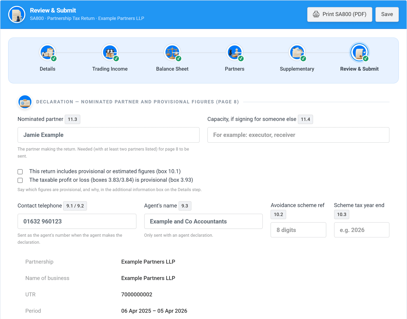 SA800 Review and Submit step showing the declaration with the nominated partner, provisional figures tick boxes, agent details and a summary of the partnership name, UTR and period